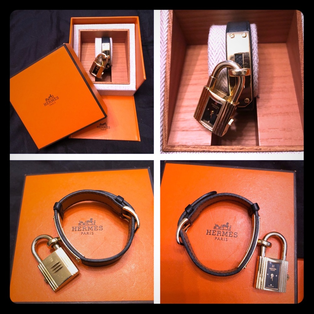 Hermes Kelly Gold Black Leather Belt Quartz Watch